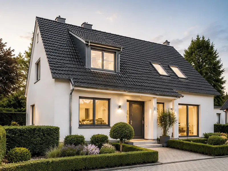 Freistehendes Einfamilienhaus mit Satteldach und gepflegtem Vorgarten am Niederrhein