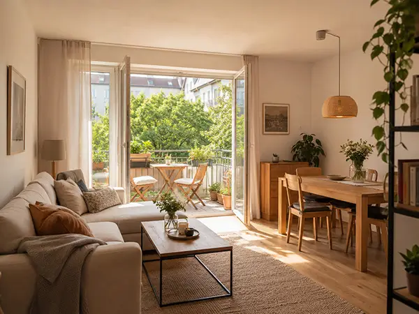 Helles Wohn- und Esszimmer einer Eigentumswohnung mit offener Balkontuer
