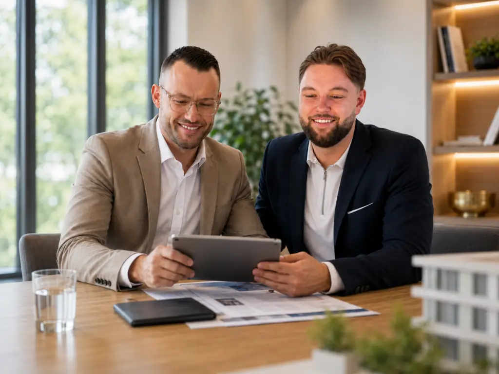 Loris Fahrner und Luca Odenbach von Immobilien Assistenten beraten am Tablet zum Immobilienverkauf